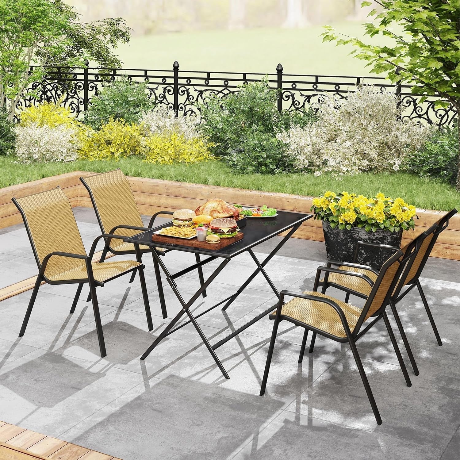 Stackable Rattan Garden Chairs Set of 4 Outdoor Dining Armchairs Patio