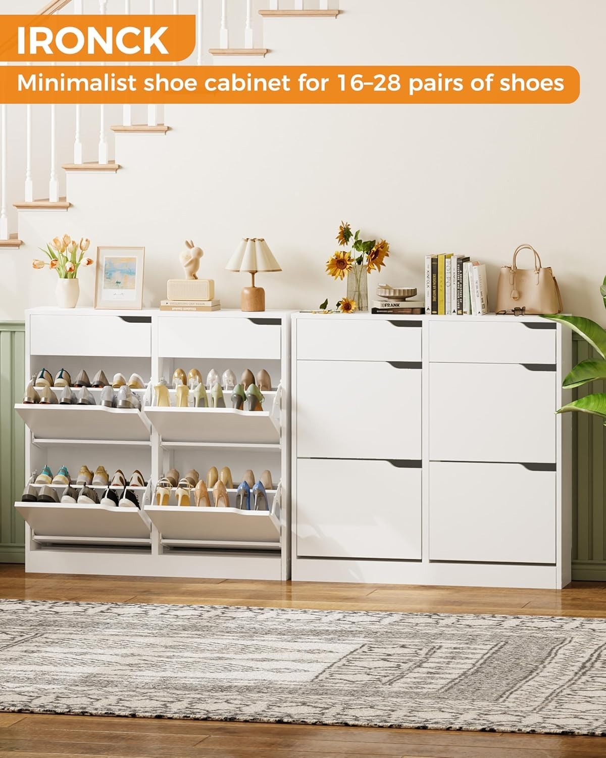 Modern Slim Shoe Cabinet with 4 Flip Drawers & 2 Storage Drawers – White