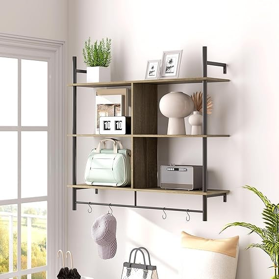 Wall Mounted Ladder Shelf 3-Tier Display Rack with Hooks – Rustic Grey Wood