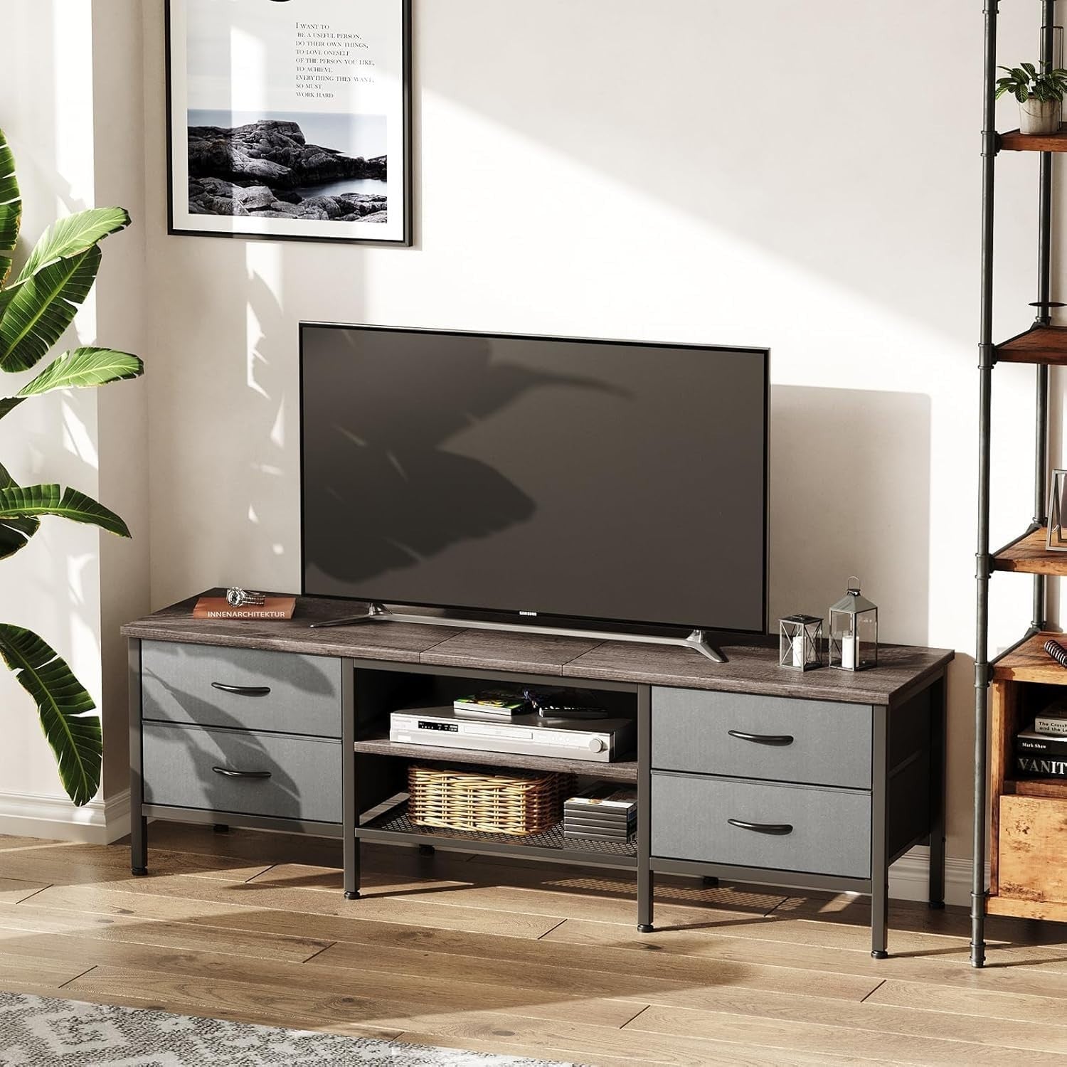63” Grey TV Unit for 70 Inch Screen | Media Console Storage Drawers Cabinet