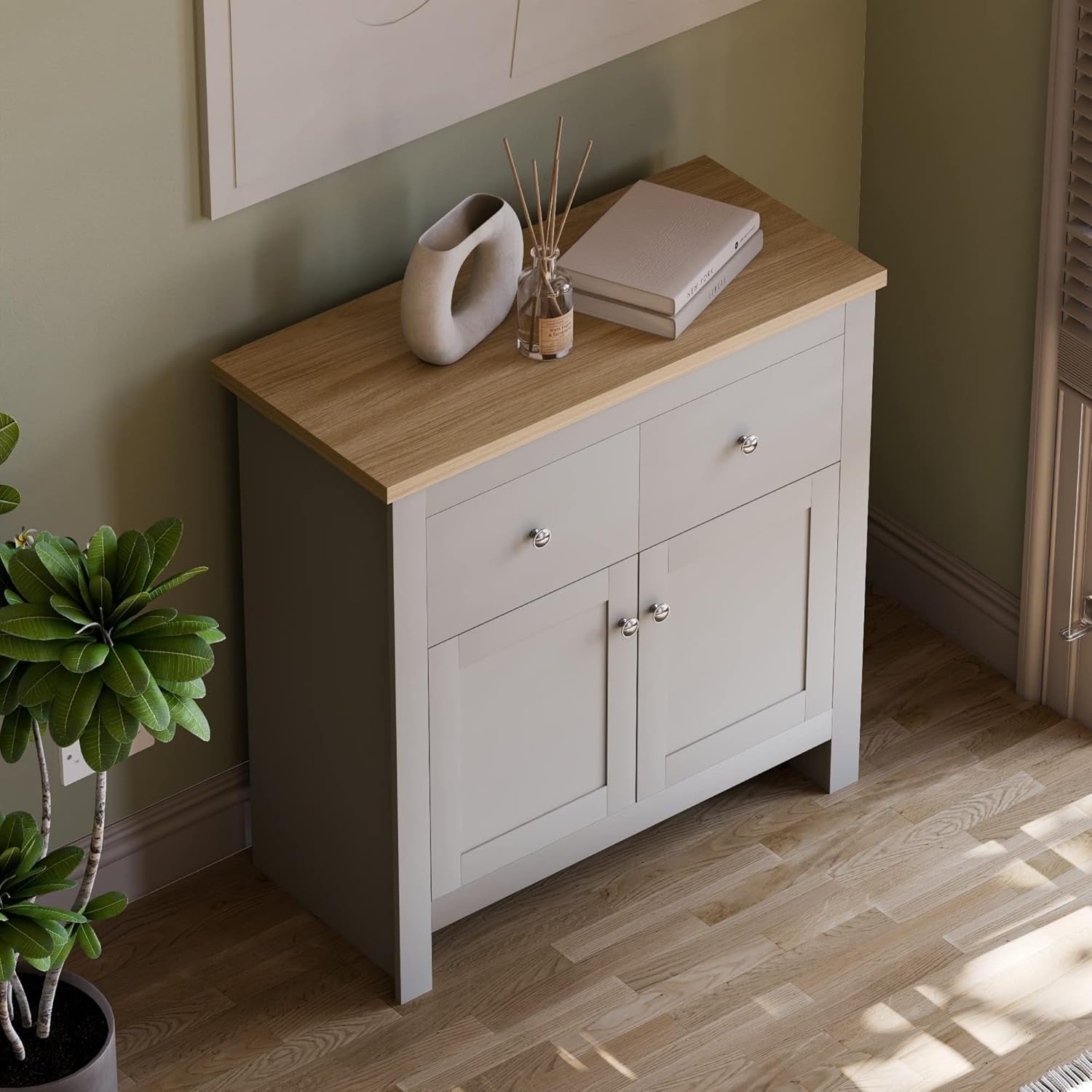 Modern Grey & Oak Sideboard Cabinet 2 Door 2 Drawer Storage Unit