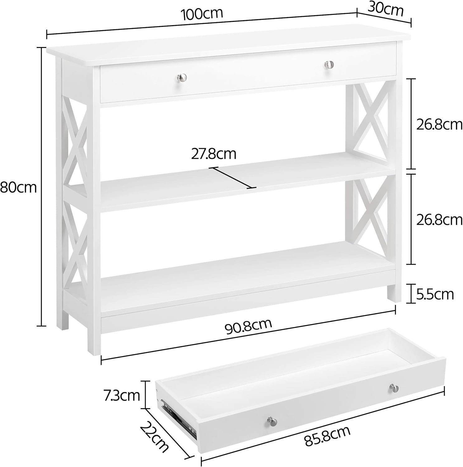 3-Tier White Console Table with Drawer & Storage Shelf, 100x30x80cm, Sturdy