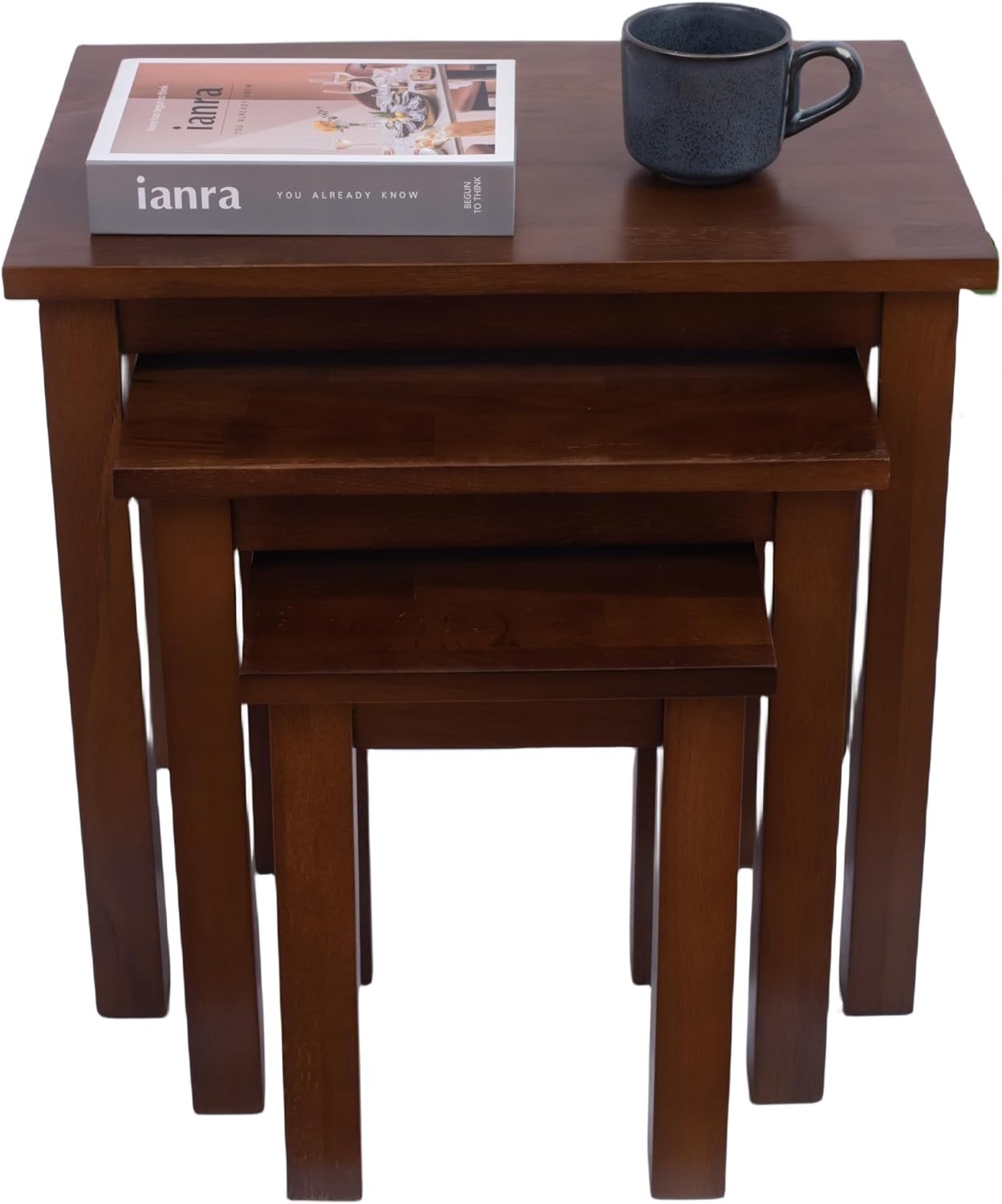 Solid Oak Nesting Coffee Tables Set of 3 Brown Wood End Side Lamp Space Saver