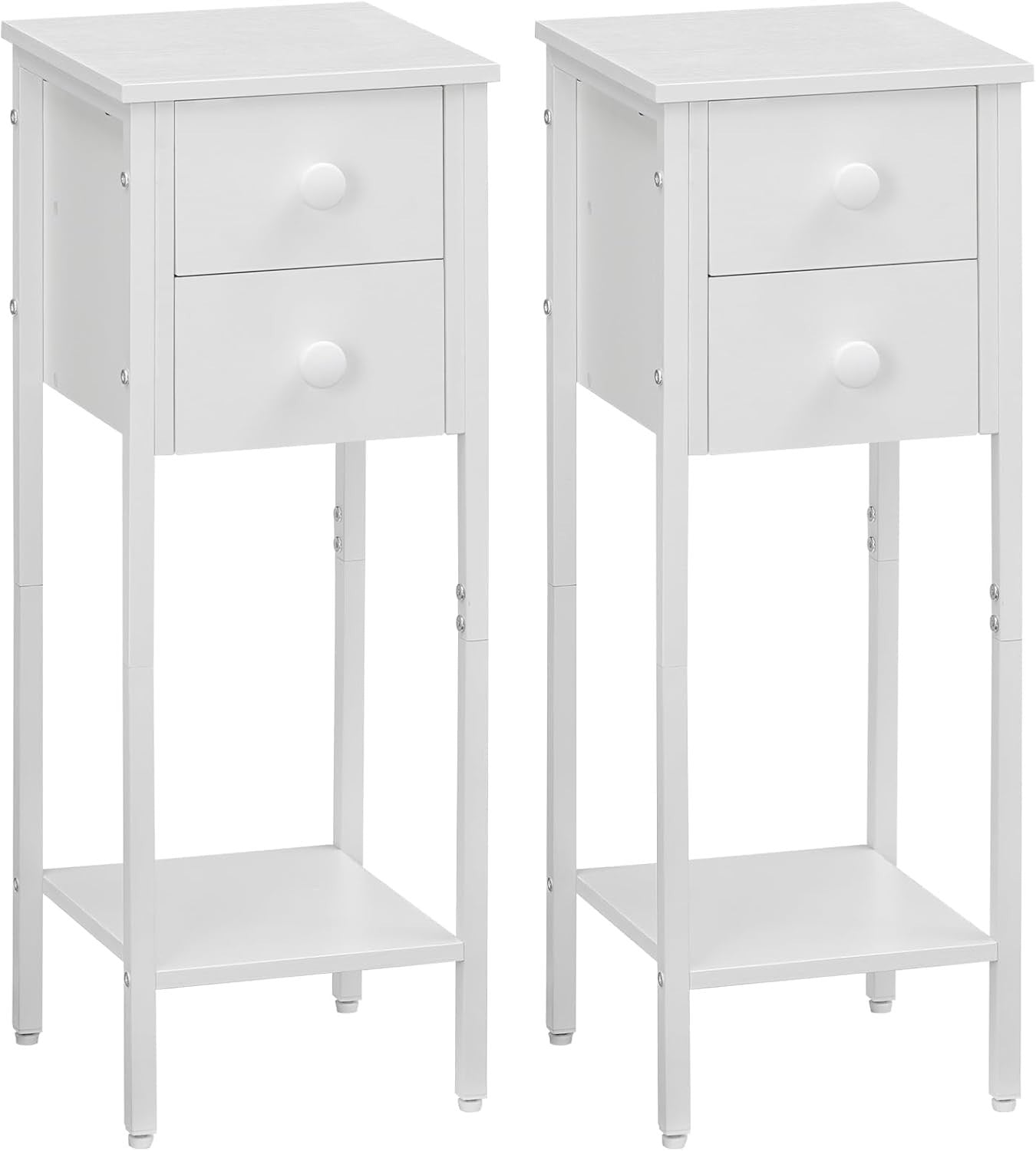 Set of 2 Slim White Bedside Tables with Drawer & Shelf – Narrow Tall Side Tables