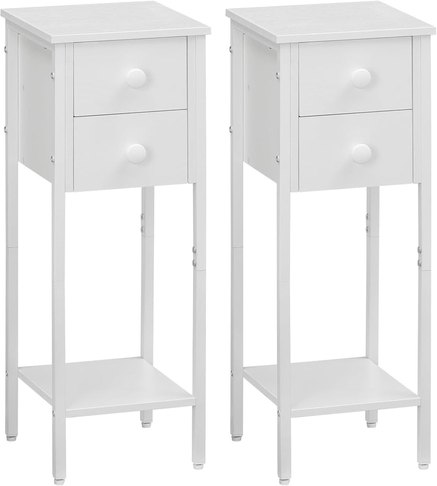 Set of 2 Slim White Bedside Tables with Drawer & Shelf – Narrow Tall Side Tables