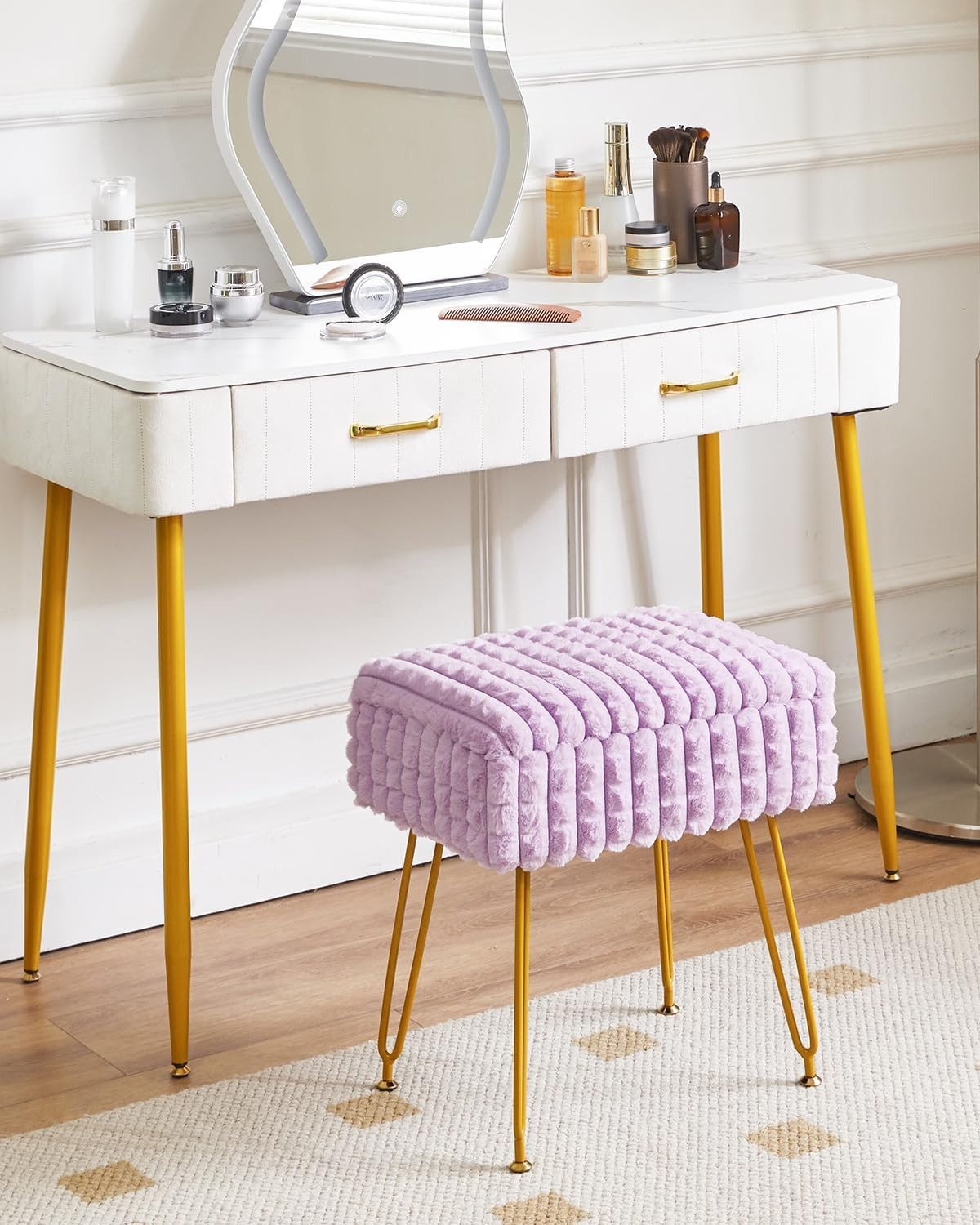 Purple Rectangular Vanity Stool with Storage Padded Makeup Chair with Metal Legs