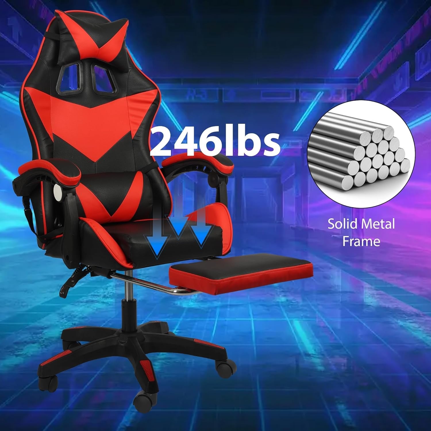 Ergonomic Gaming Chair Reclining Footrest Red Black Office
