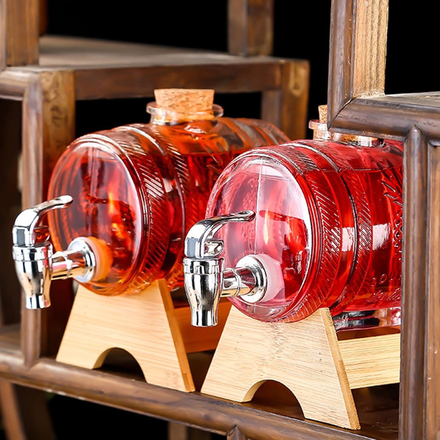 Luxury 1L Barrel Glass Drink Dispenser with Tap & Wooden Stand | Whiskey Beer Ju