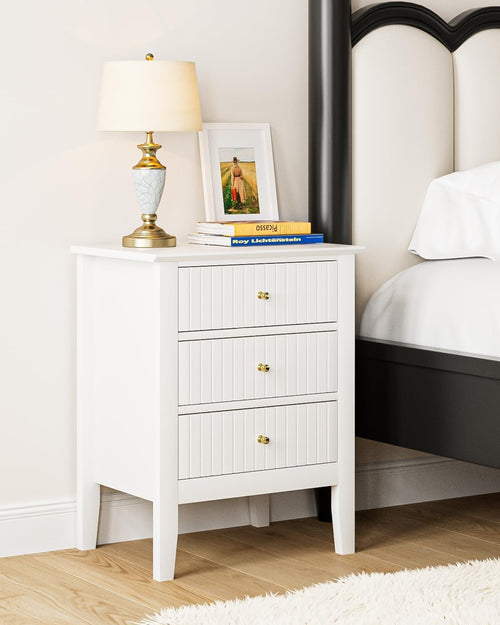 Modern White Bedside Table with 3 Drawers Wooden Nightstand Bedroom Storage