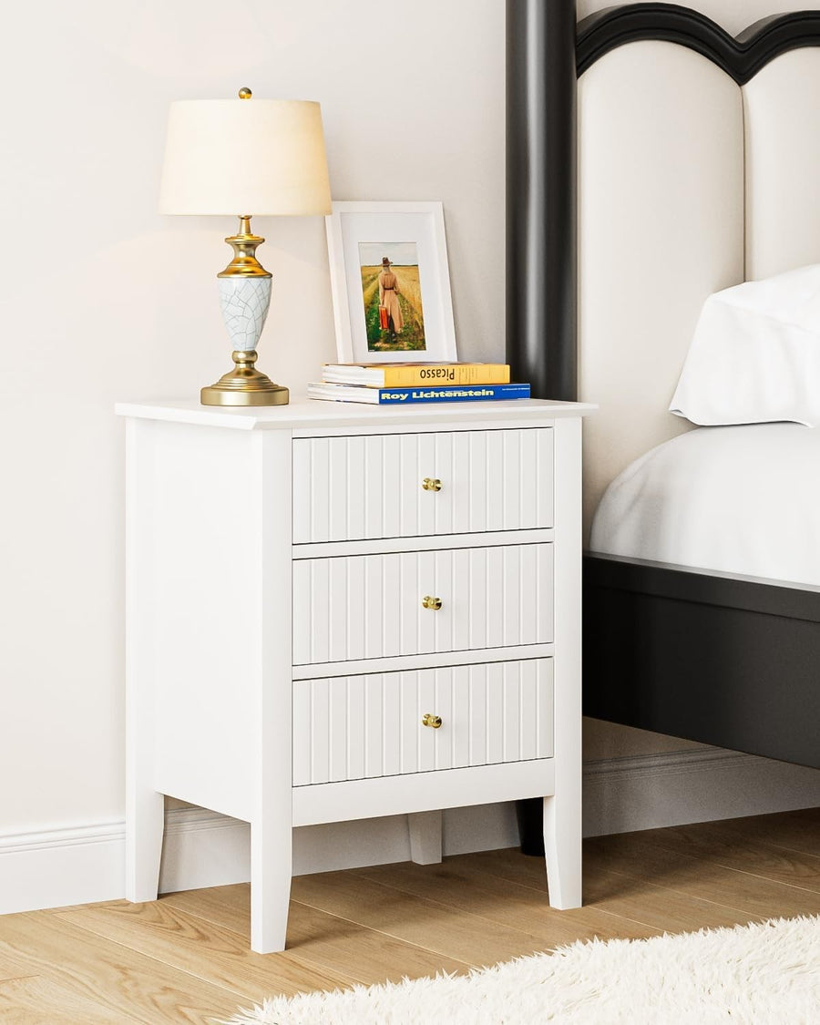 Modern White Bedside Table with 3 Drawers Wooden Nightstand Bedroom Storage