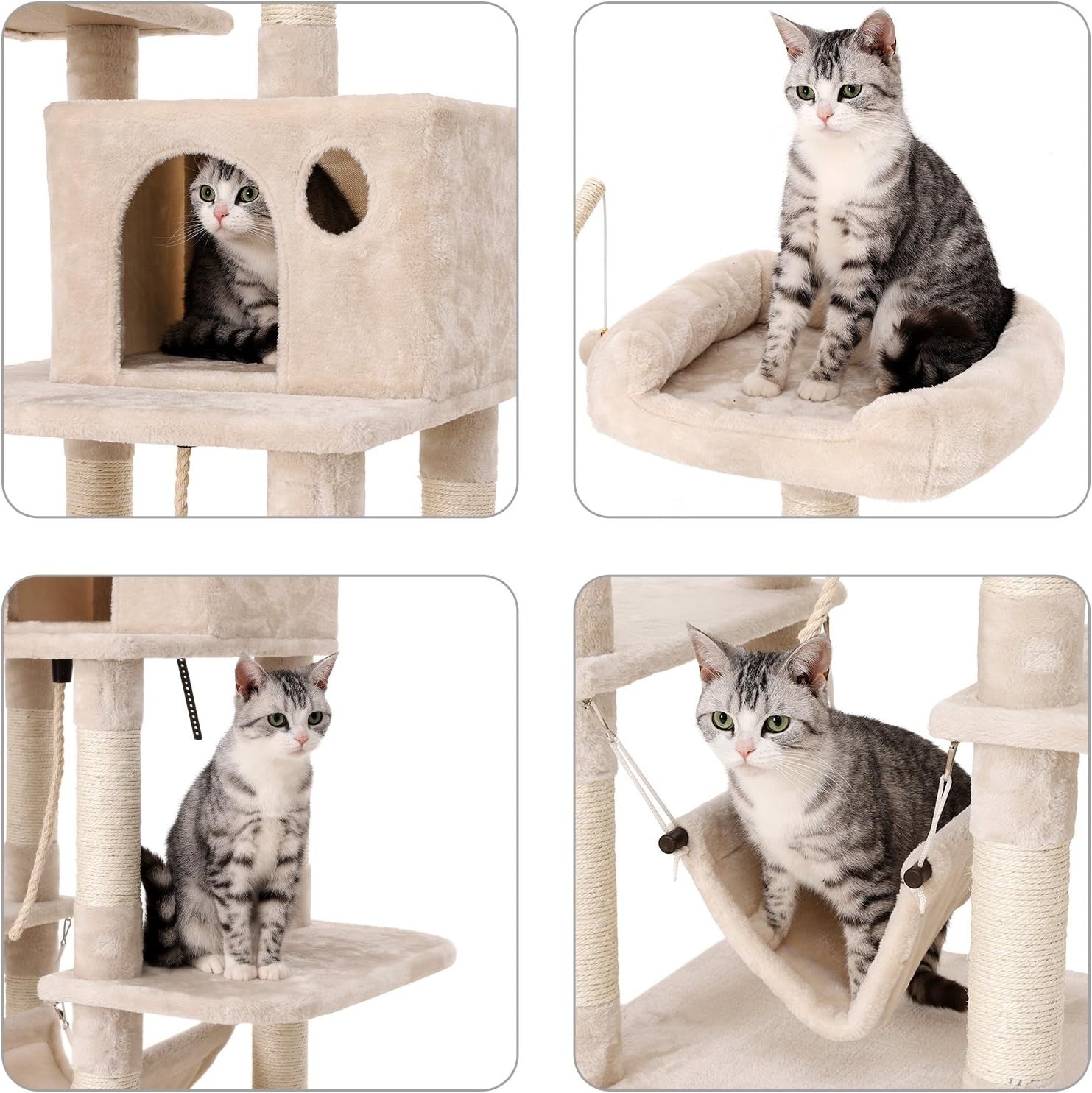 Large Cat Tree Tower with Hammock Condo Scratching Posts 154cm Beige