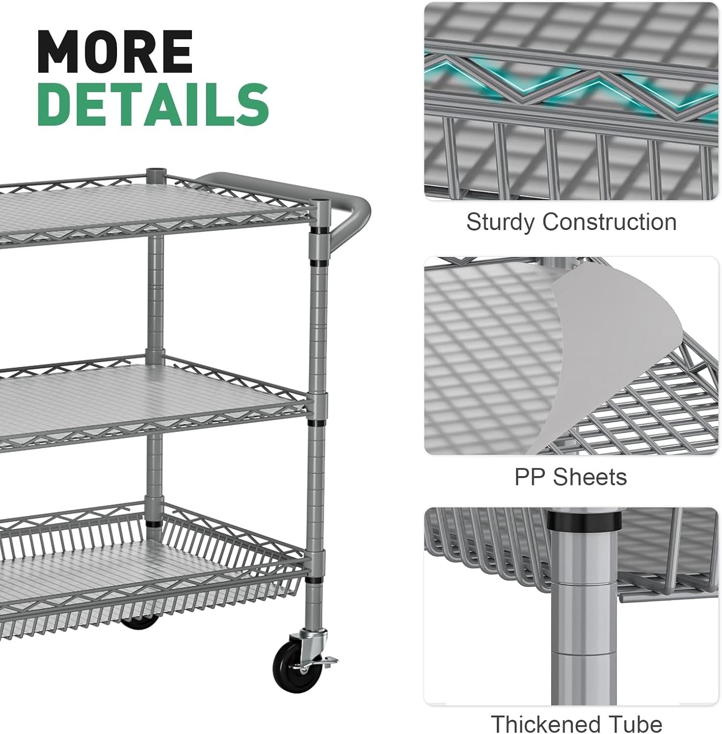 Heavy Duty Utility Cart 3 Tier Rolling Metal Storage Trolley on Wheels