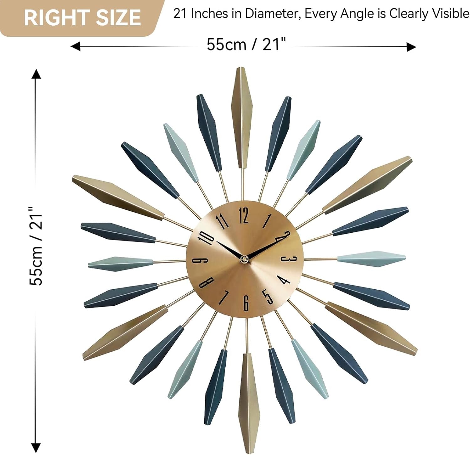 Modern Silent Wall Clock 55cm Large Metal Sunburst Design Home Decor
