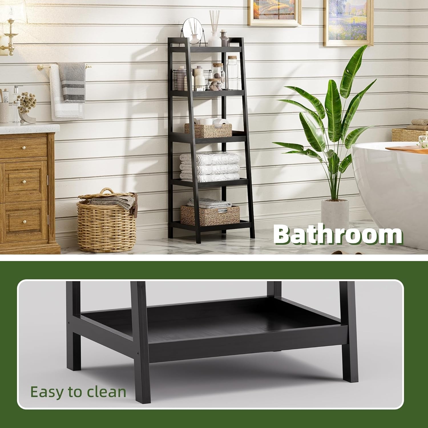 Black 5-Tier Ladder Bookcase, Tall Narrow Bamboo Frame Display Storage Shelf