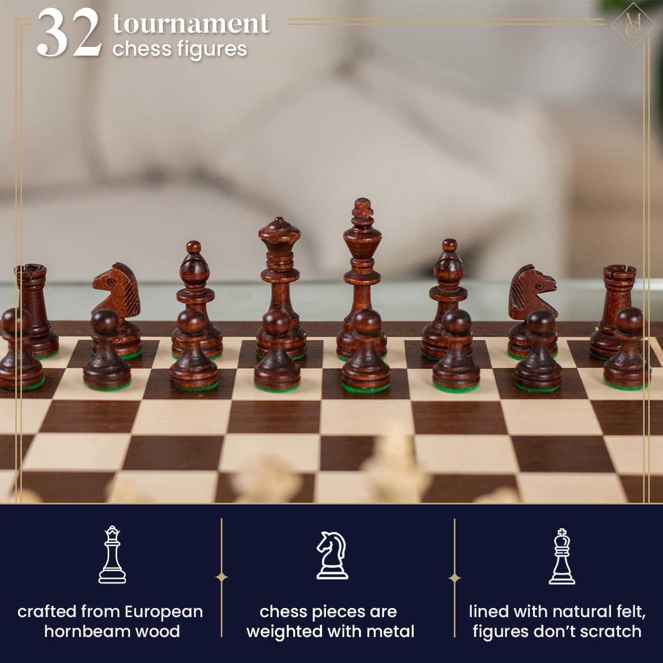 38cm Tournament Chess Set – Inlaid Folding Board & Weighted Wooden