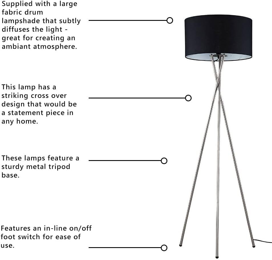 Modern Chrome Tripod Floor Lamp Black Shade Tall Living Room Bedroom Light