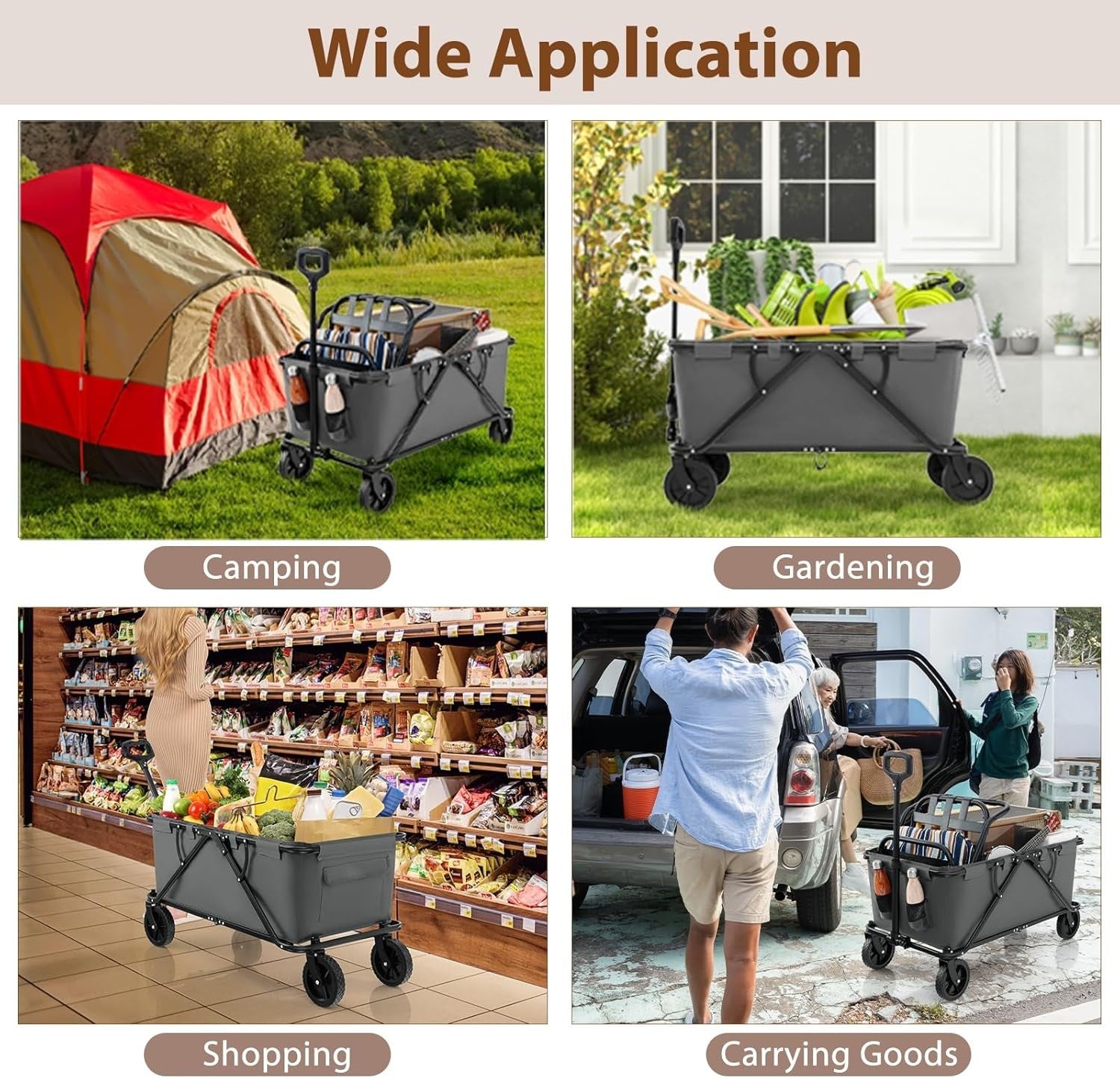 Grey Folding Garden Trolley Cart 170L Collapsible Wagon w/ Adjustable Handle