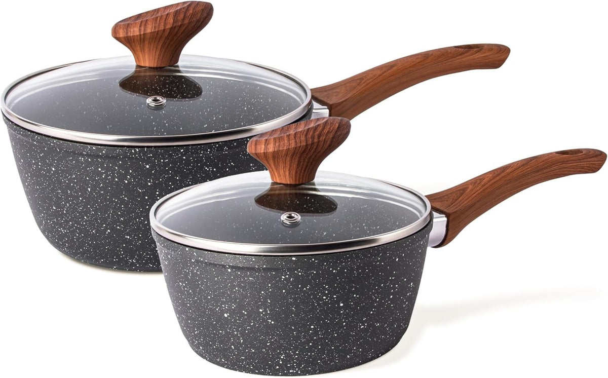 2pcs Non-Stick Marble Saucepan Set with Lids 16cm & 18cm Induction Ready