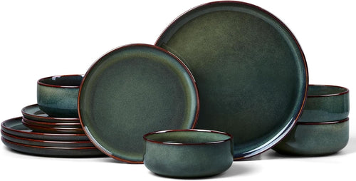 12pc Stoneware Dinner Set for 4 Green Plates Bowls Microwave Safe