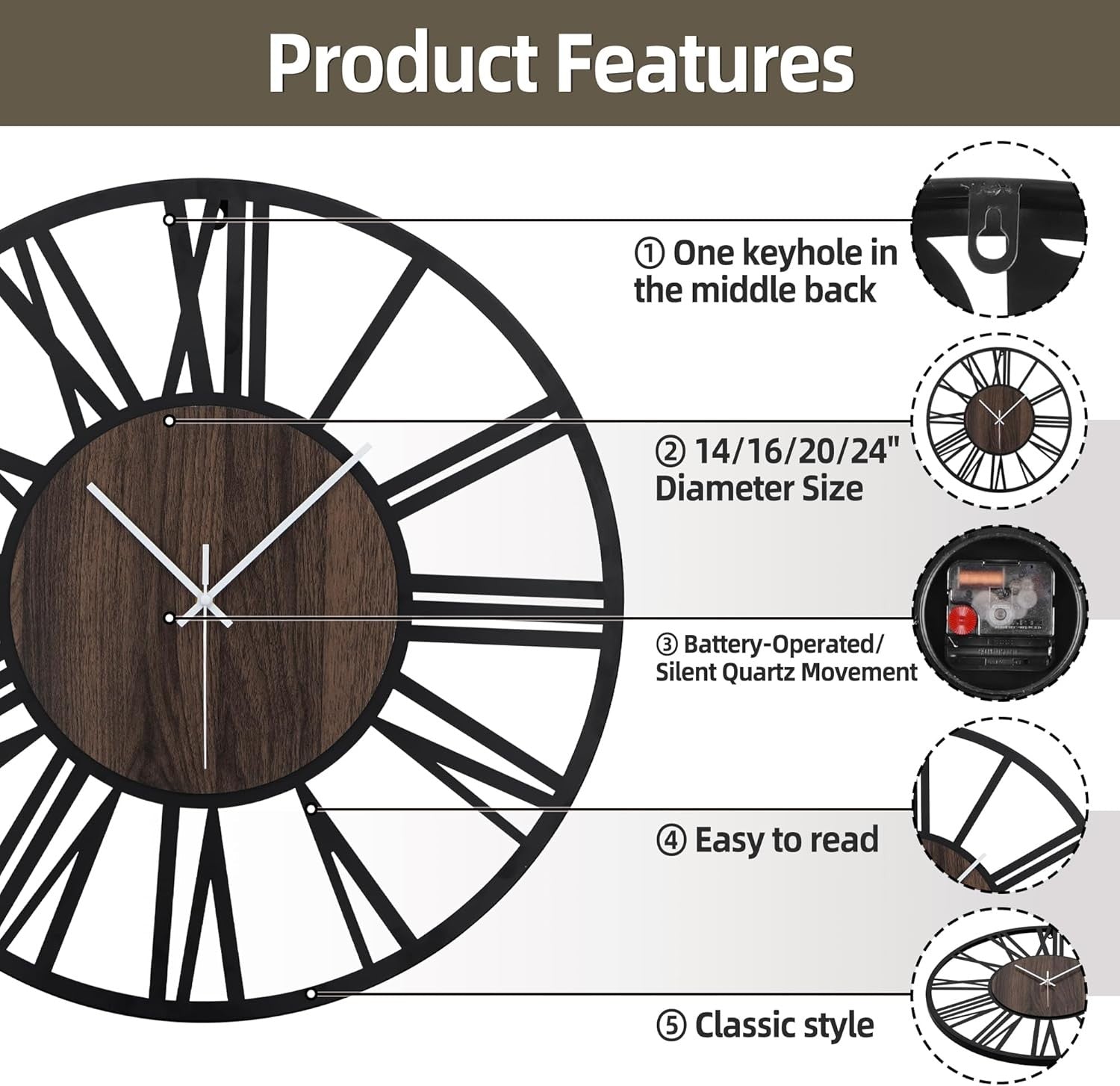 16" Large Wall Clock Dark Wood & Metal Silent Roman Numerals Modern Decor