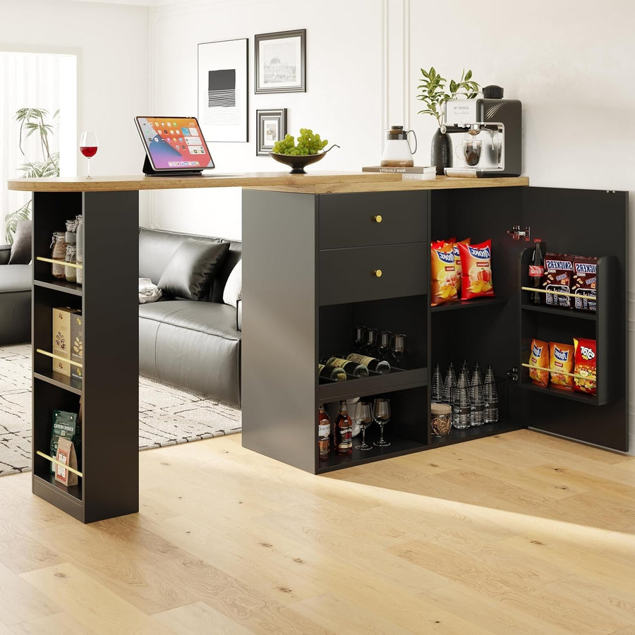 360° Swivel Bar Table with Drawers & Sliding Door Cabinet 3 Tier Storage Black
