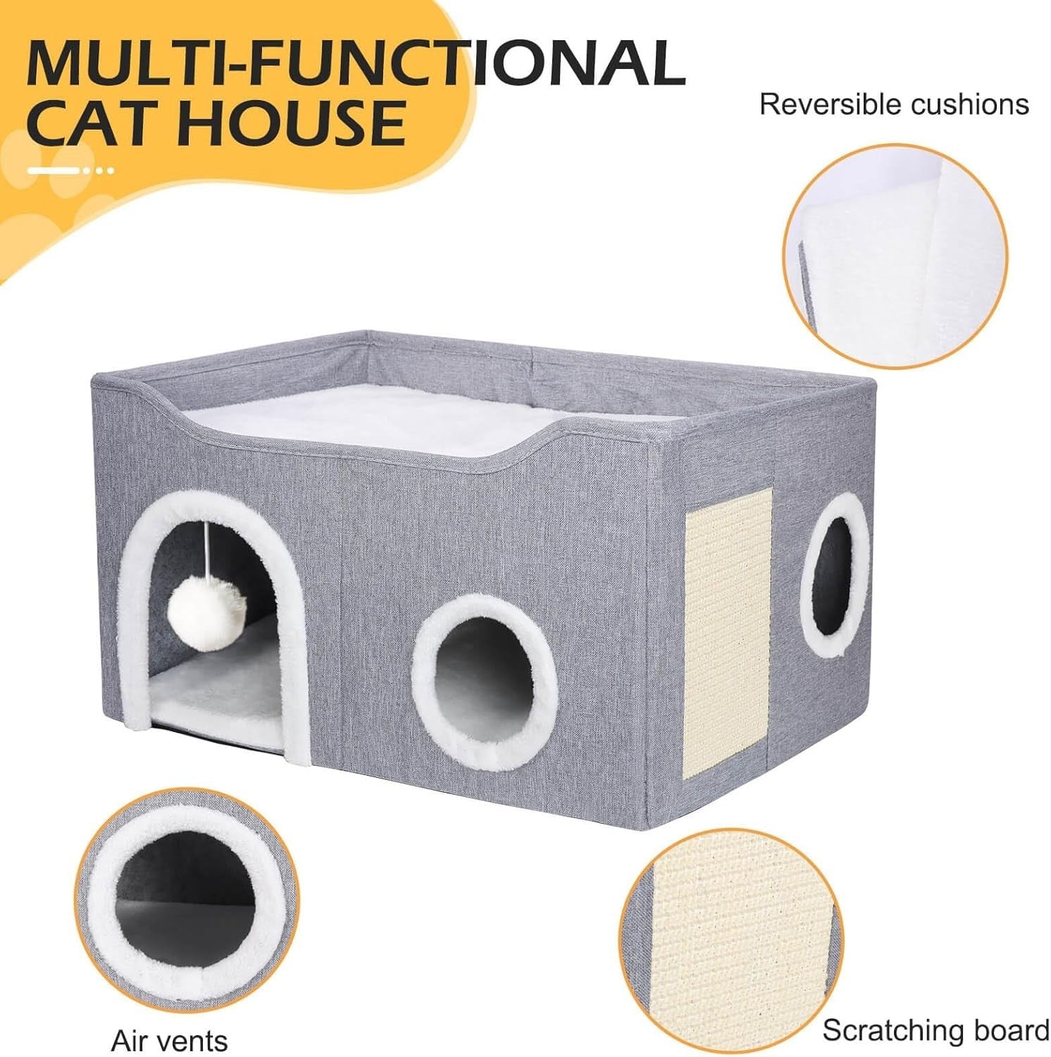 2 Layer Foldable Cat House Cave Bed Cube w Scratcher Fluffy Ball