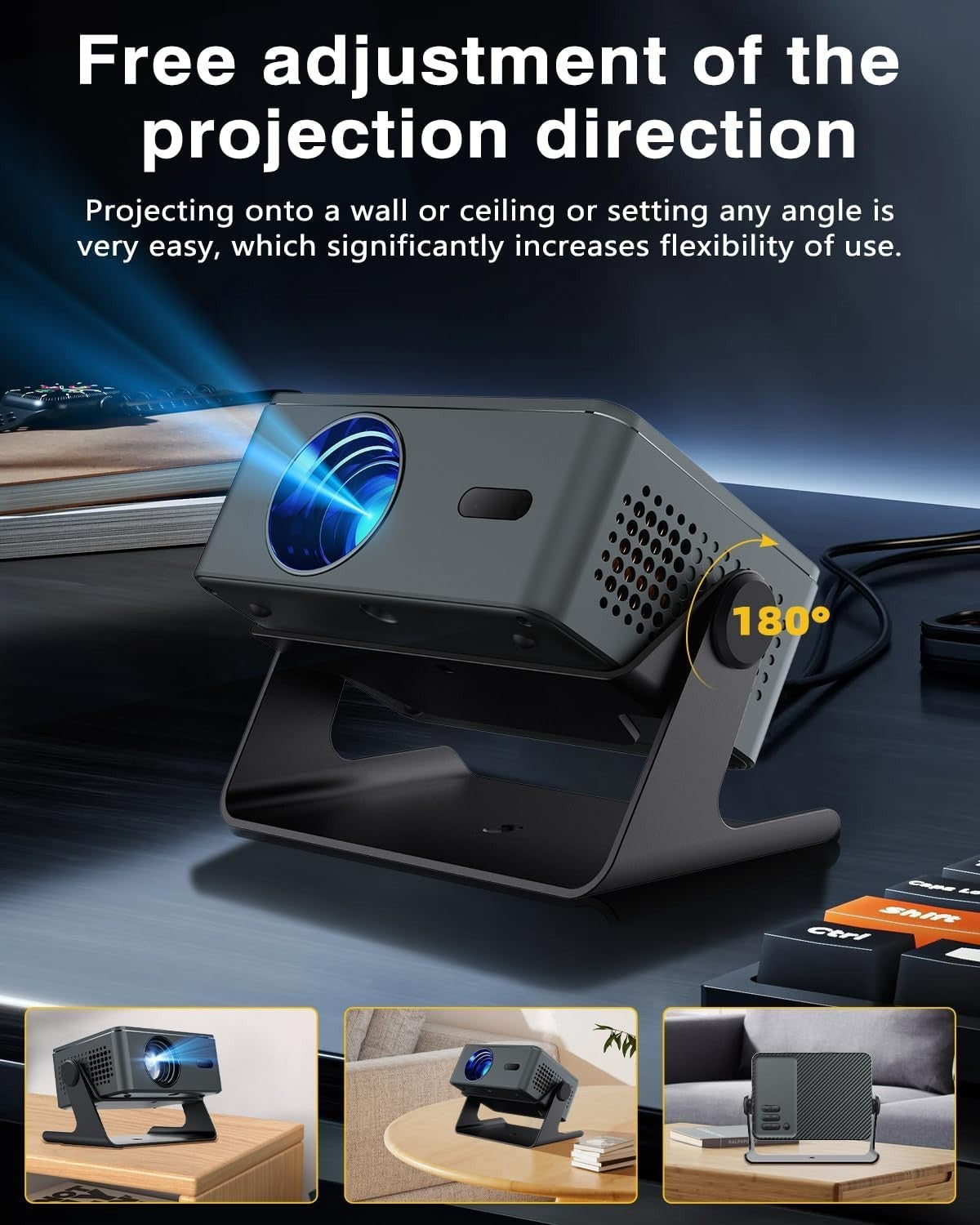 Mini Smart Projector Android 13 WiFi Bluetooth 4K Support 180° Rotate