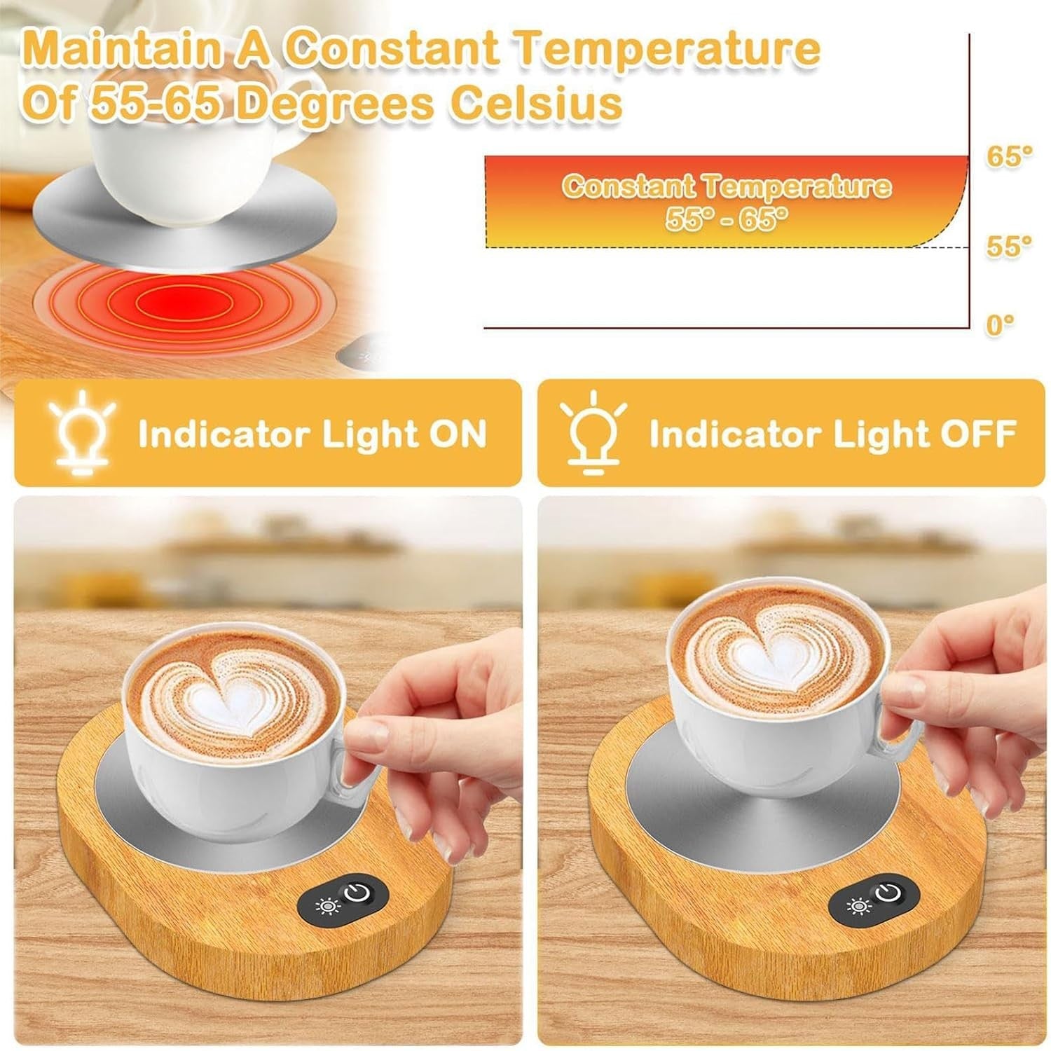 USB Coffee Mug Warmer Wood Grain 55-65°C Temp Control Desk