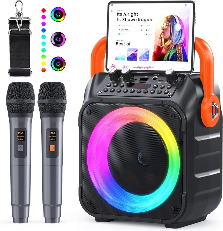 Karaoke Machine 2 Wireless Mics Bluetooth PA Speaker LED