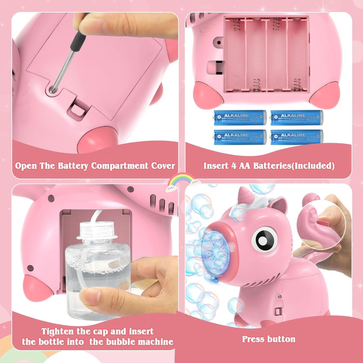 Unicorn Bubble Machine with Lights 10000 Bubbles Pink