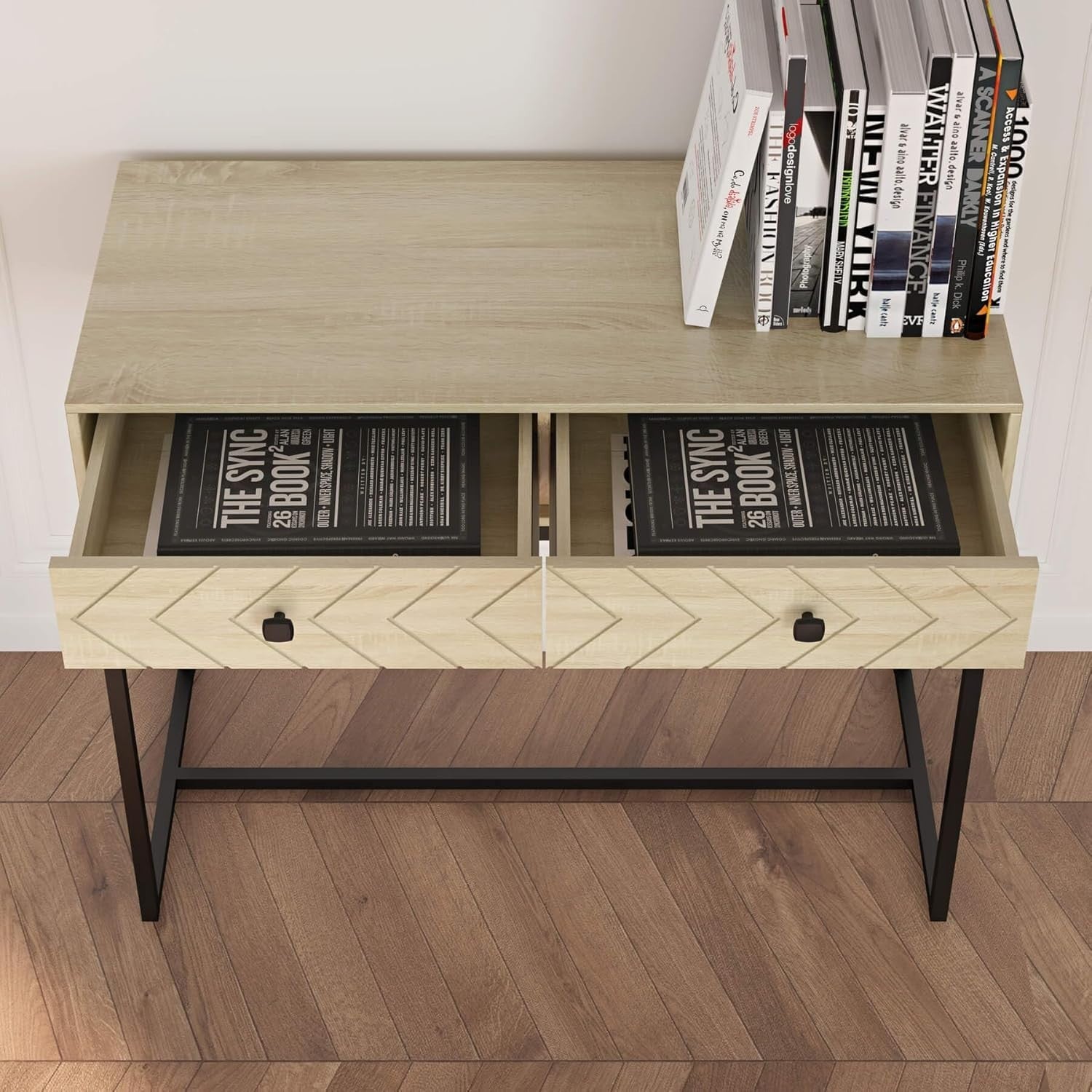 Modern Console Table with Drawers Oak Effect Hallway Storage Desk