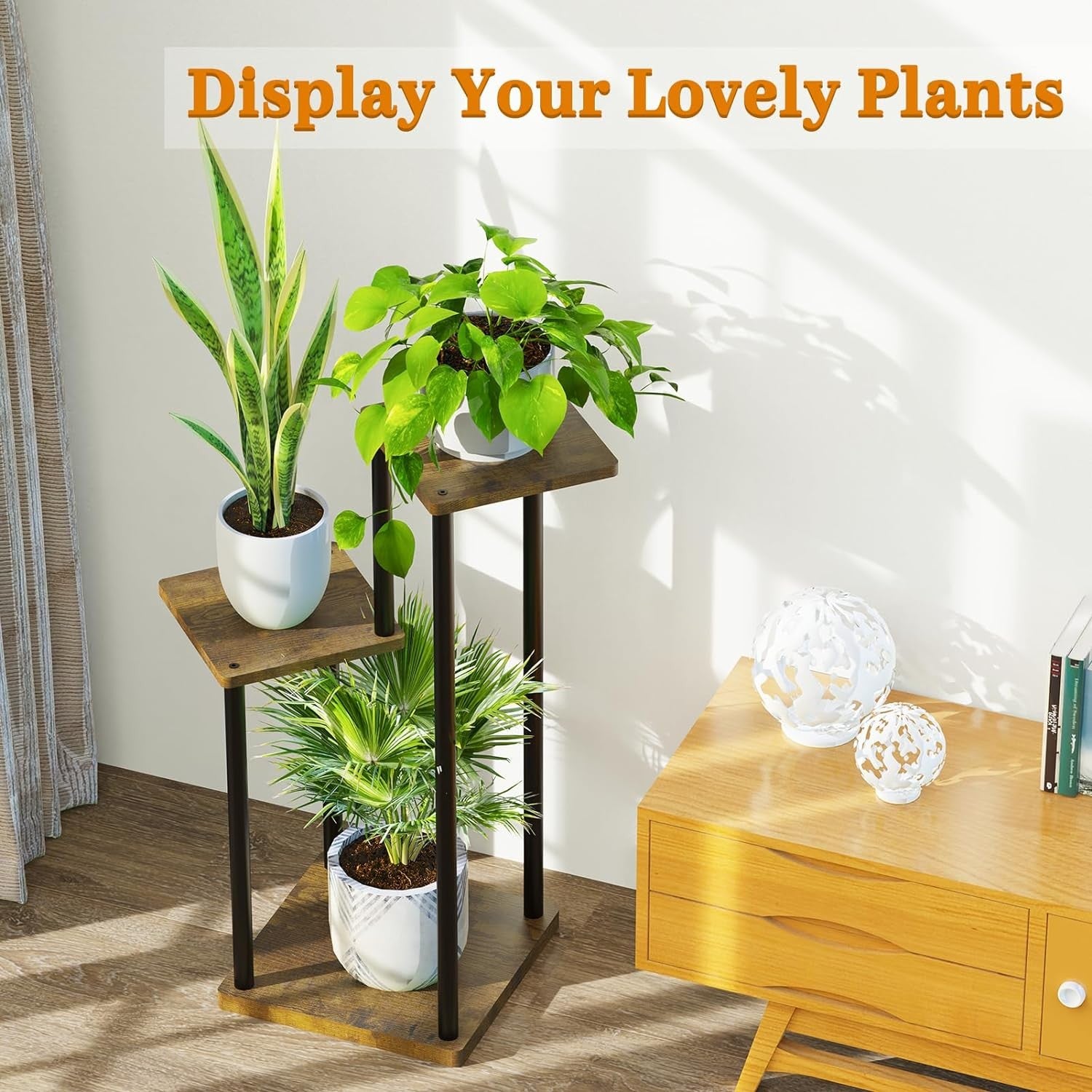3 Tier Metal Wood Plant Stand Indoor Outdoor Corner Flower Display Rack Black
