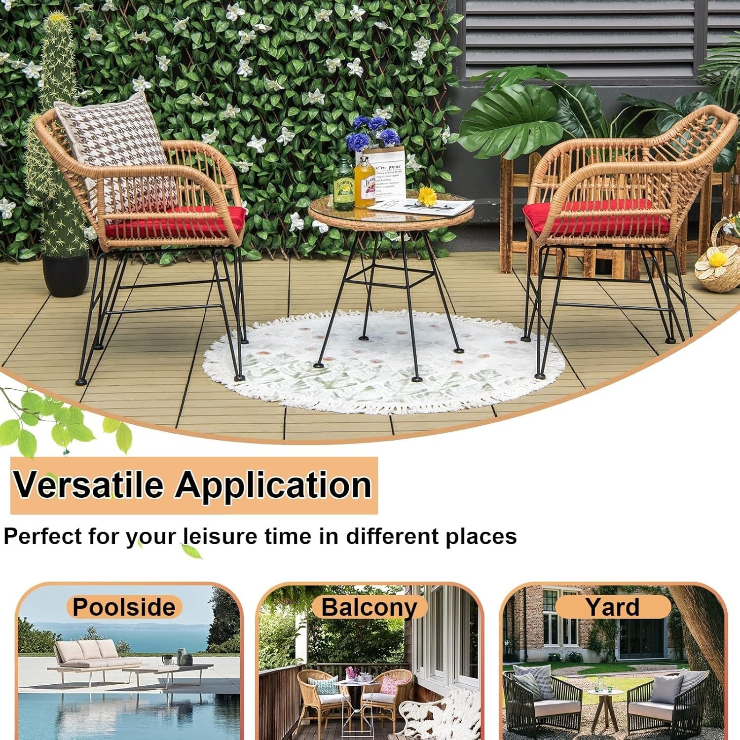 3 Piece Rattan Bistro Set Outdoor Patio Chairs with Glass Table & Cushions