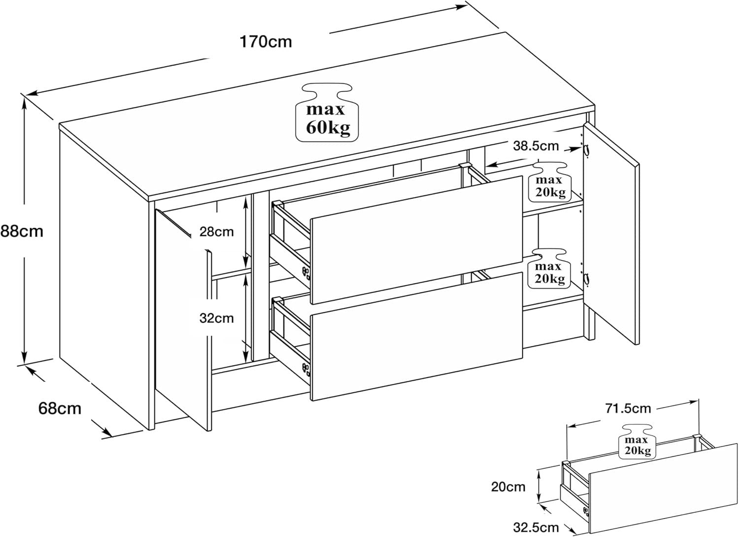 Furneo Kitchen Island with Storage, 2 Drawers & 2 Doors White Marble 170x68cm
