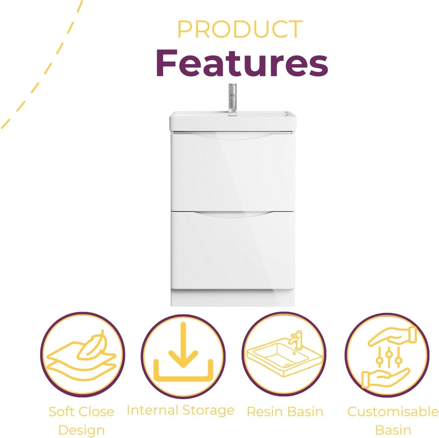 600mm Floor Standing Vanity Unit White Gloss Resin Basin Compact Bathroom Cabine