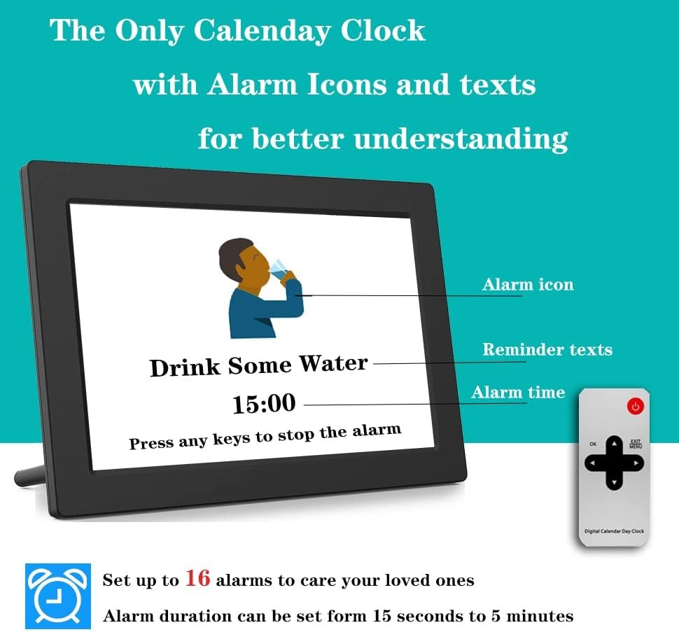 Large Dementia Day Clock 7-Inch Auto DST Remote Control Black