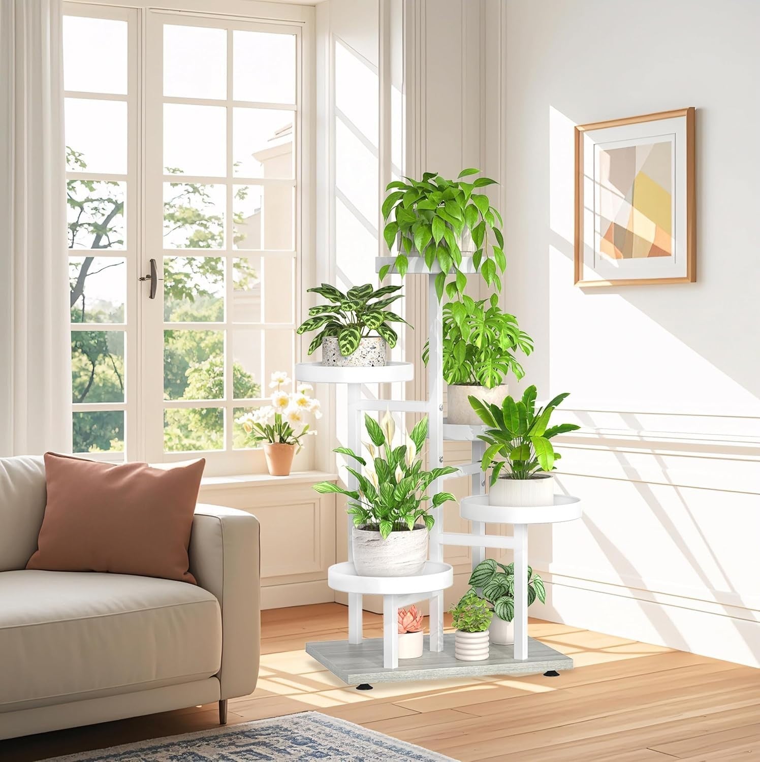 5-Tier White Metal & Wood Plant Stand, Tall Indoor Outdoor Flower Display Rack