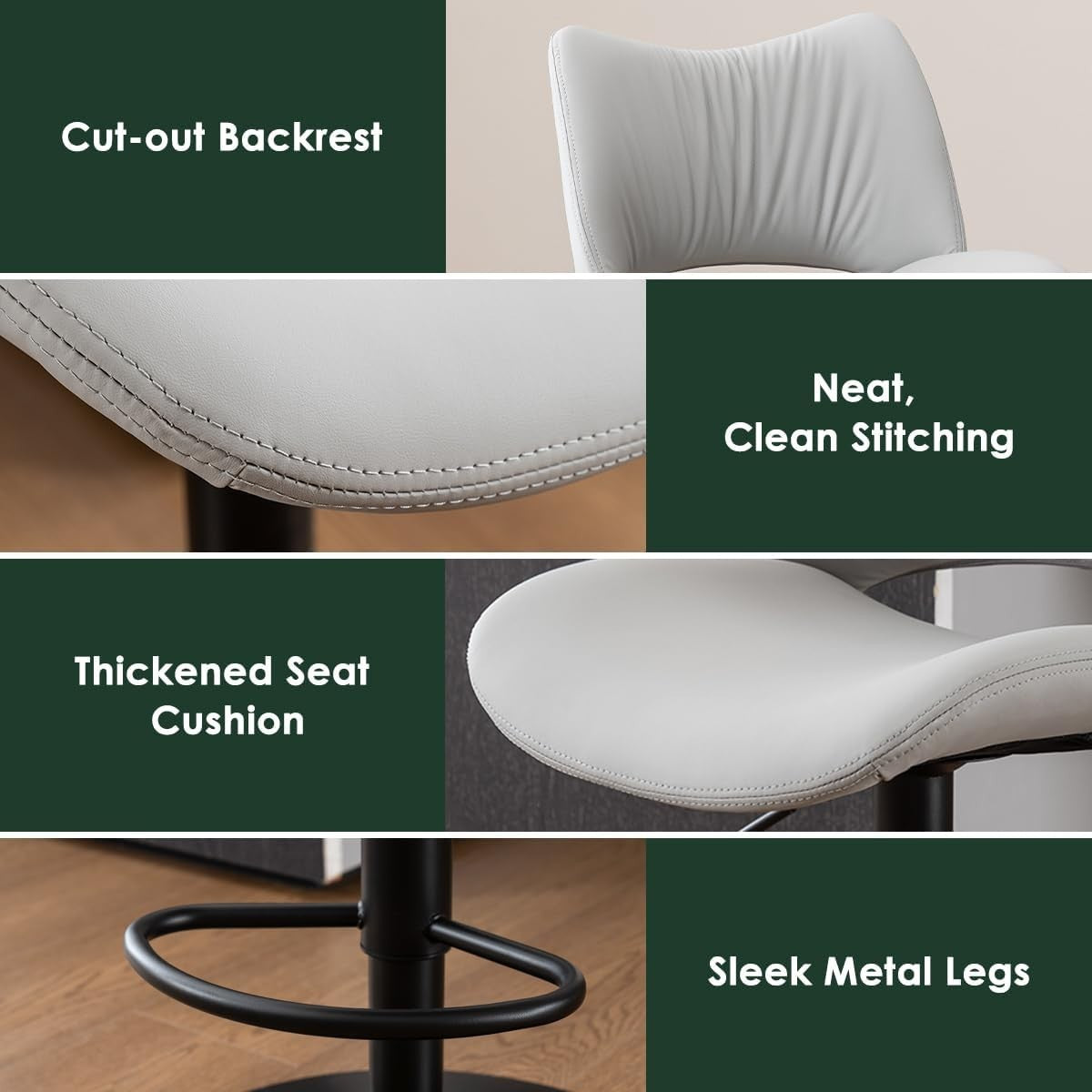 Adjustable Bar Stools 2pcs Grey PU Leather Swivel Kitchen Counter Chairs
