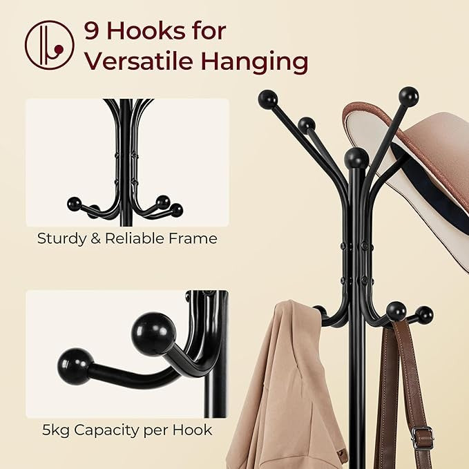 Black Metal Coat Rack Stand with Umbrella Holder 8 Hooks Hallway Organizer
