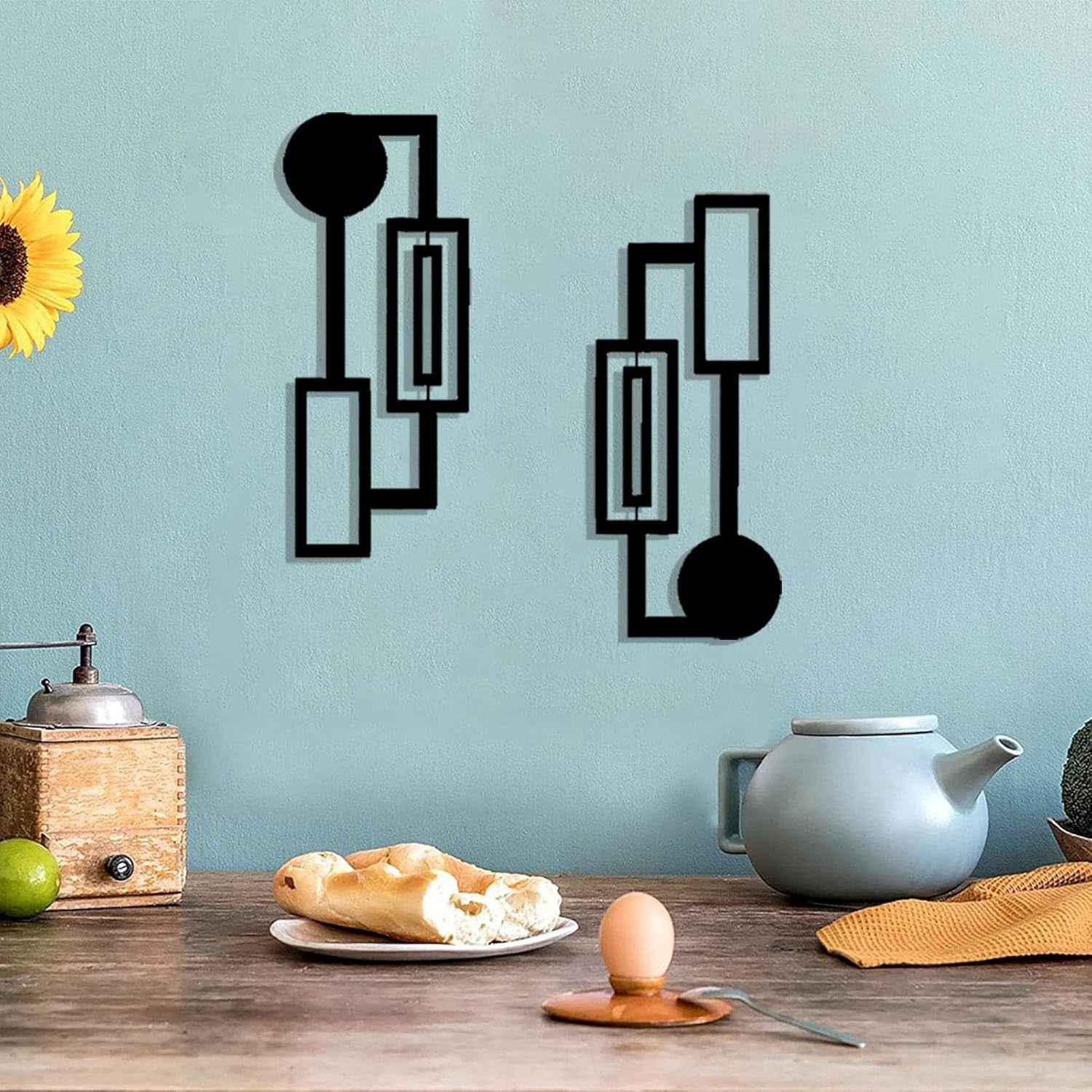 Black Abstract Metal Wall Art Set of 2 3D Geometric Decor