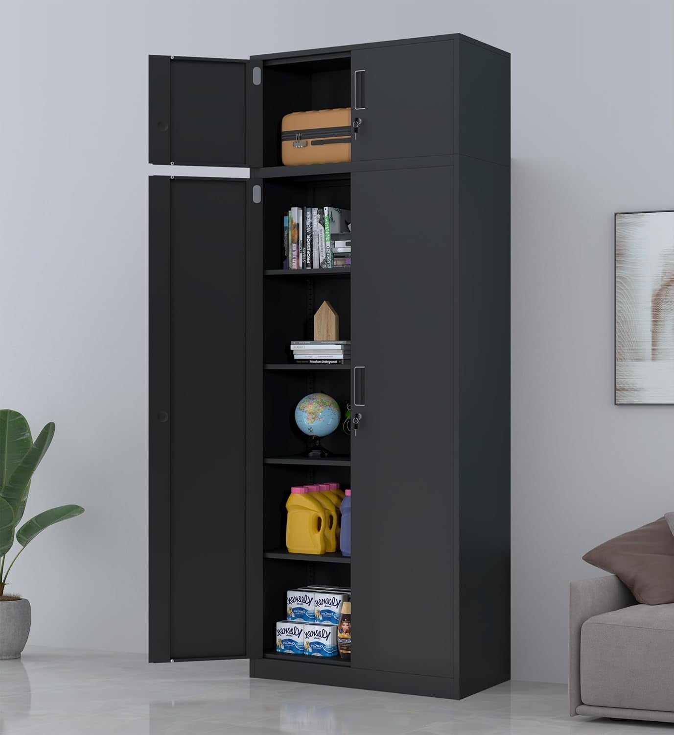 Tall Lockable Steel Storage Cabinet with Shelves, 220cm Metal Cupboard