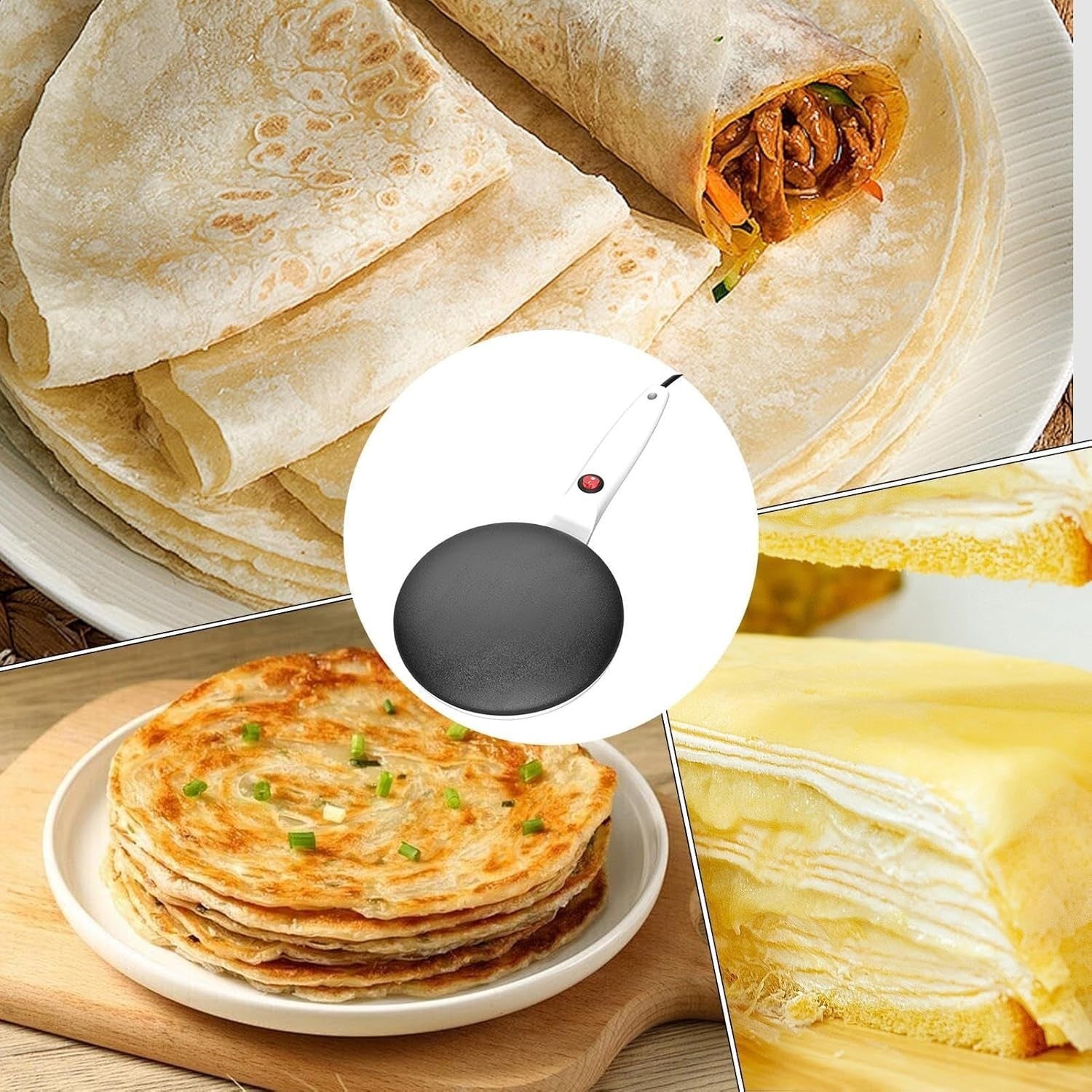 8" Electric Crepe Maker Non Stick Pancake Maker with Handle & Tray White