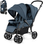Navy Blue Double Baby Stroller Tandem Pushchair Foldable 30kg