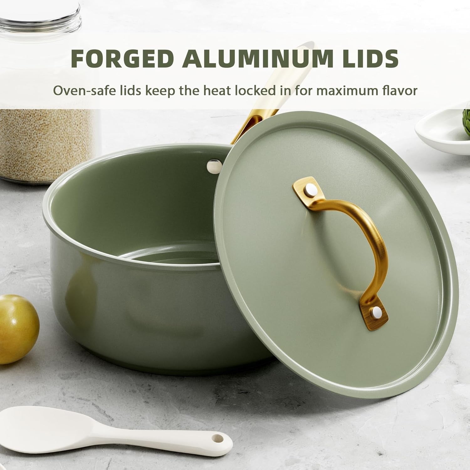16Pcs Green Ceramic Non Stick Cookware Set with Lids & Utensils Induction Safe