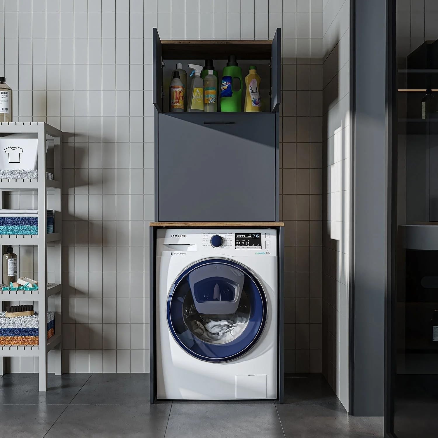Anthracite Oak Washing Machine Cabinet with Cupboards & Laundry Basket 180cm