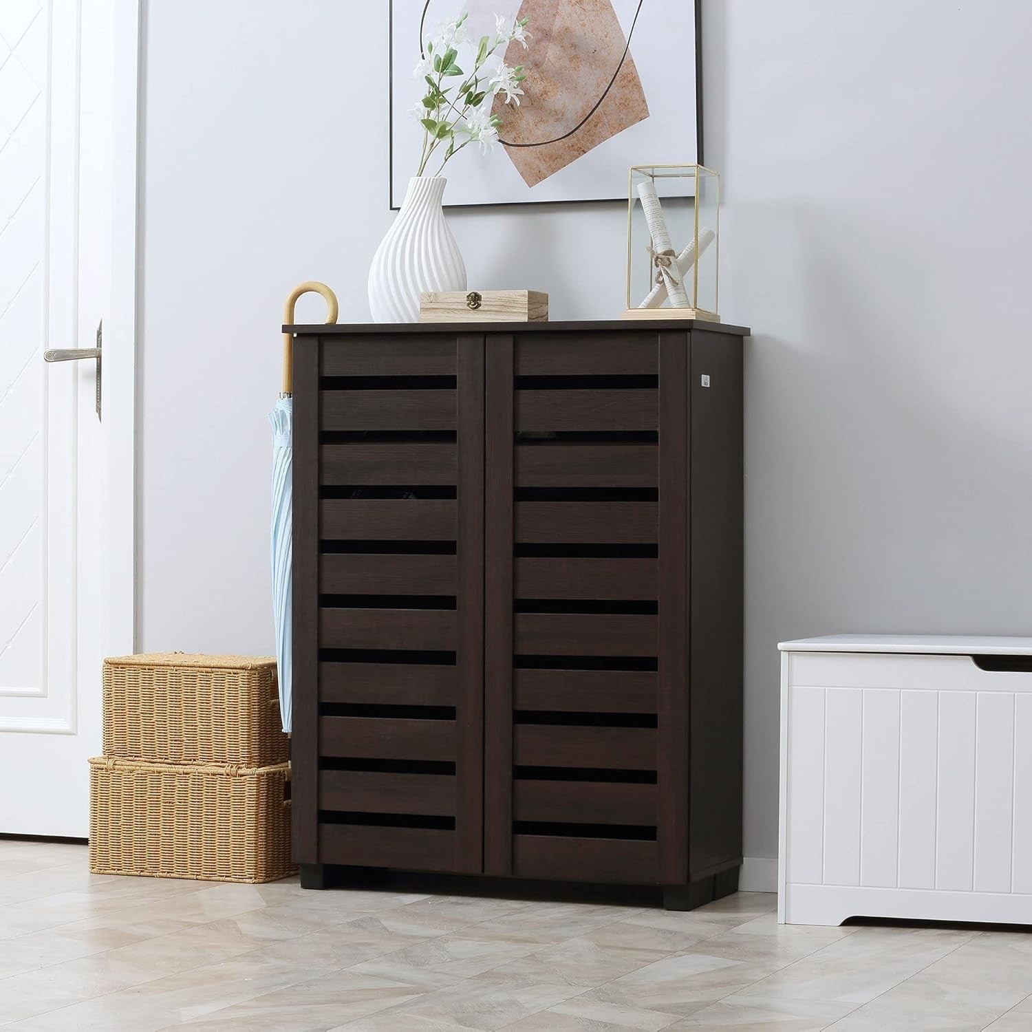 Slim 5-Tier Shoe Cabinet with Adjustable Shelves & Ventilated Doors, Dark Brown