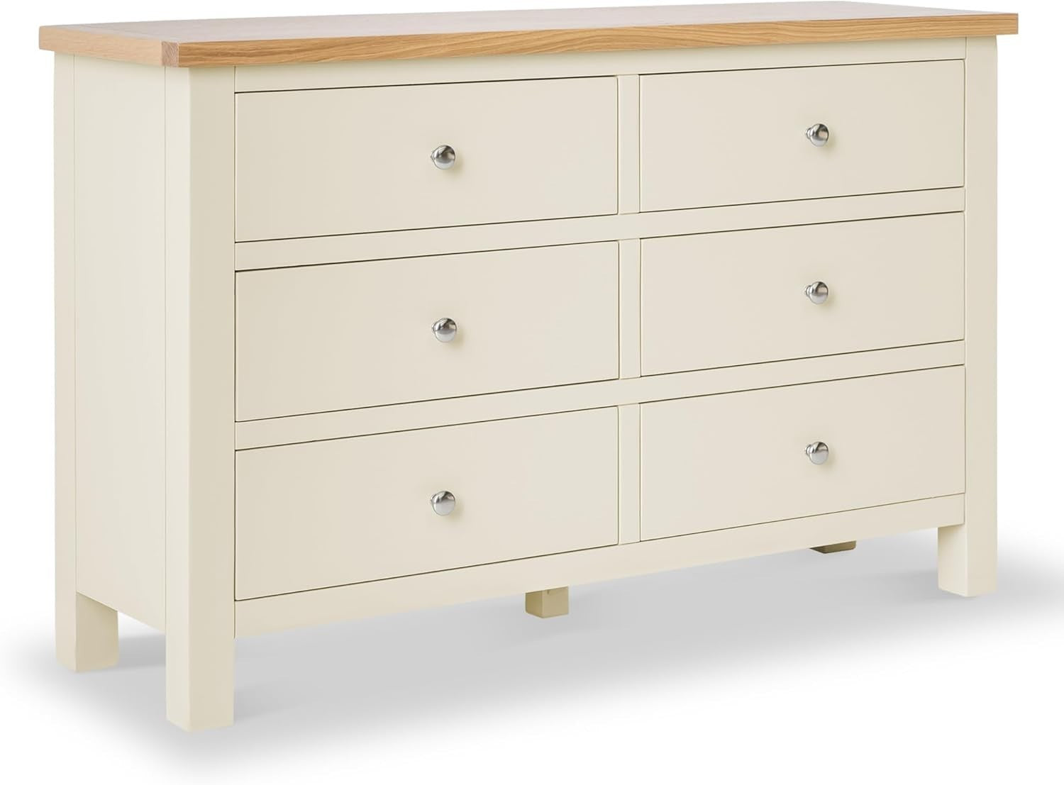 Large Cream Wooden Chest of Drawers 6 Spacious Storage Oak Top 78x120cm