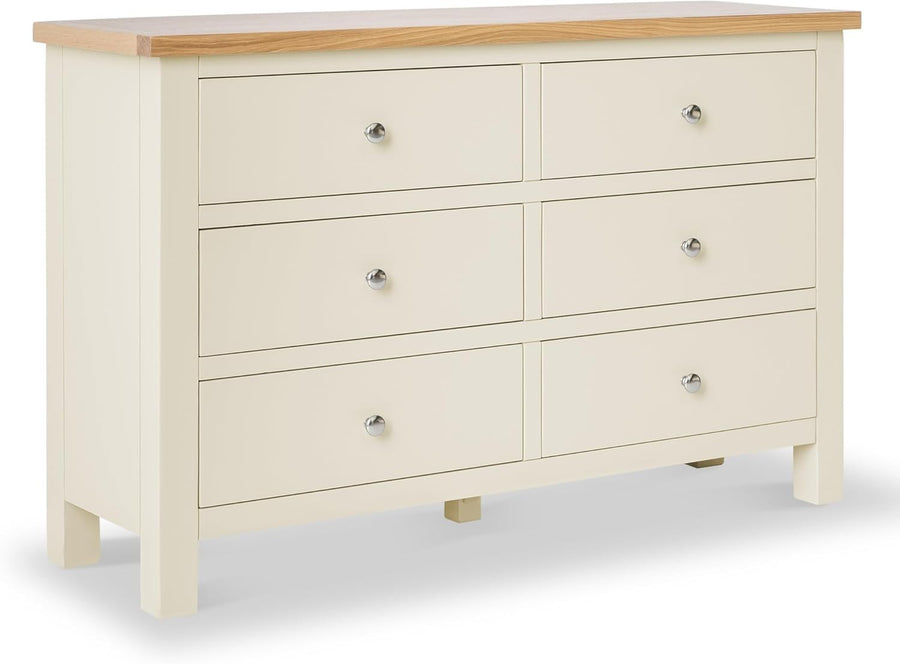 Large Cream Wooden Chest of Drawers 6 Spacious Storage Oak Top 78x120cm