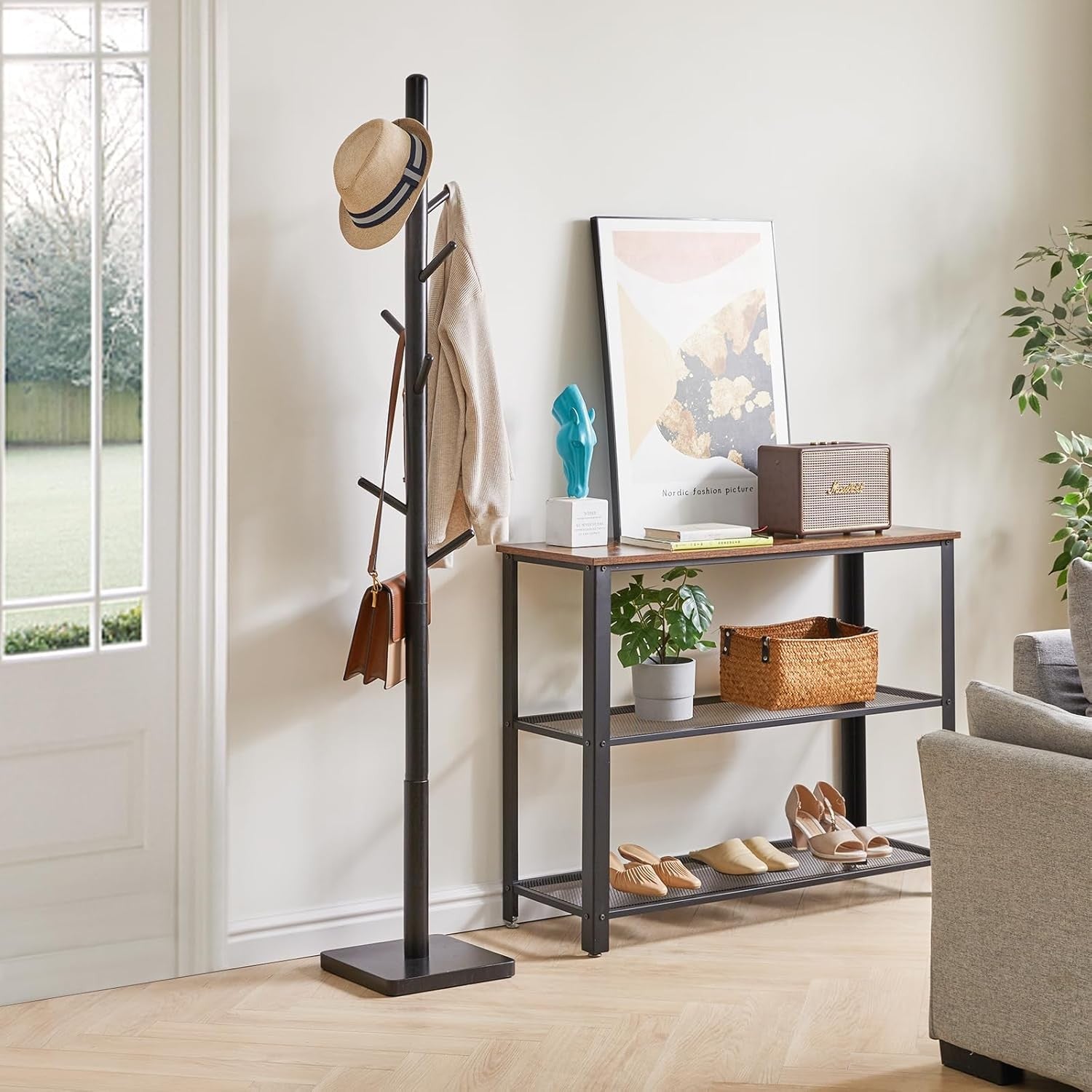 Modern Wooden Coat Rack Stand 8 Hooks Tall Hat Tree Organizer 176cm Black