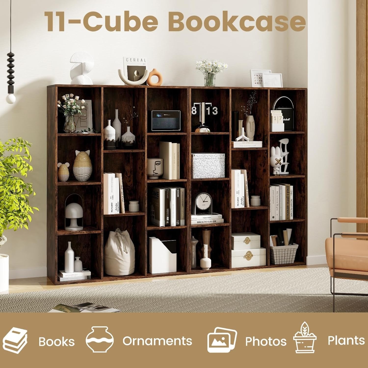 Rustic Brown 11-Cube Bookcase with Shelves & Anti-Tip Safety for Home Office